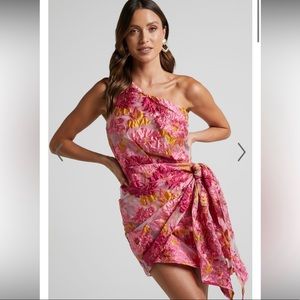 Showpo BRAILEY MINI DRESS - ONE SHOULDER WRAP FRONT IN PINK JACQUARD